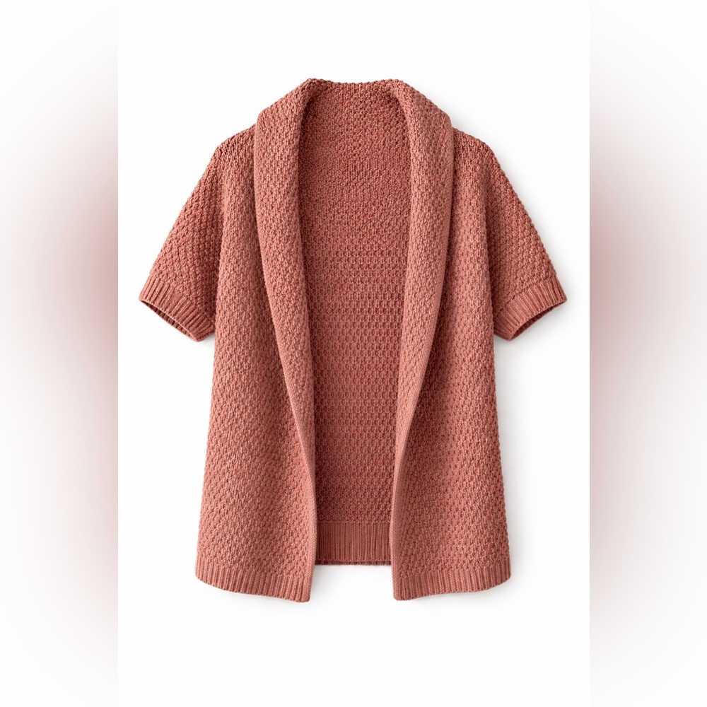 Zara Cocoon Cardigan Chunky Knit Cozy Short Sleeve for Layering Taupe Mauve M